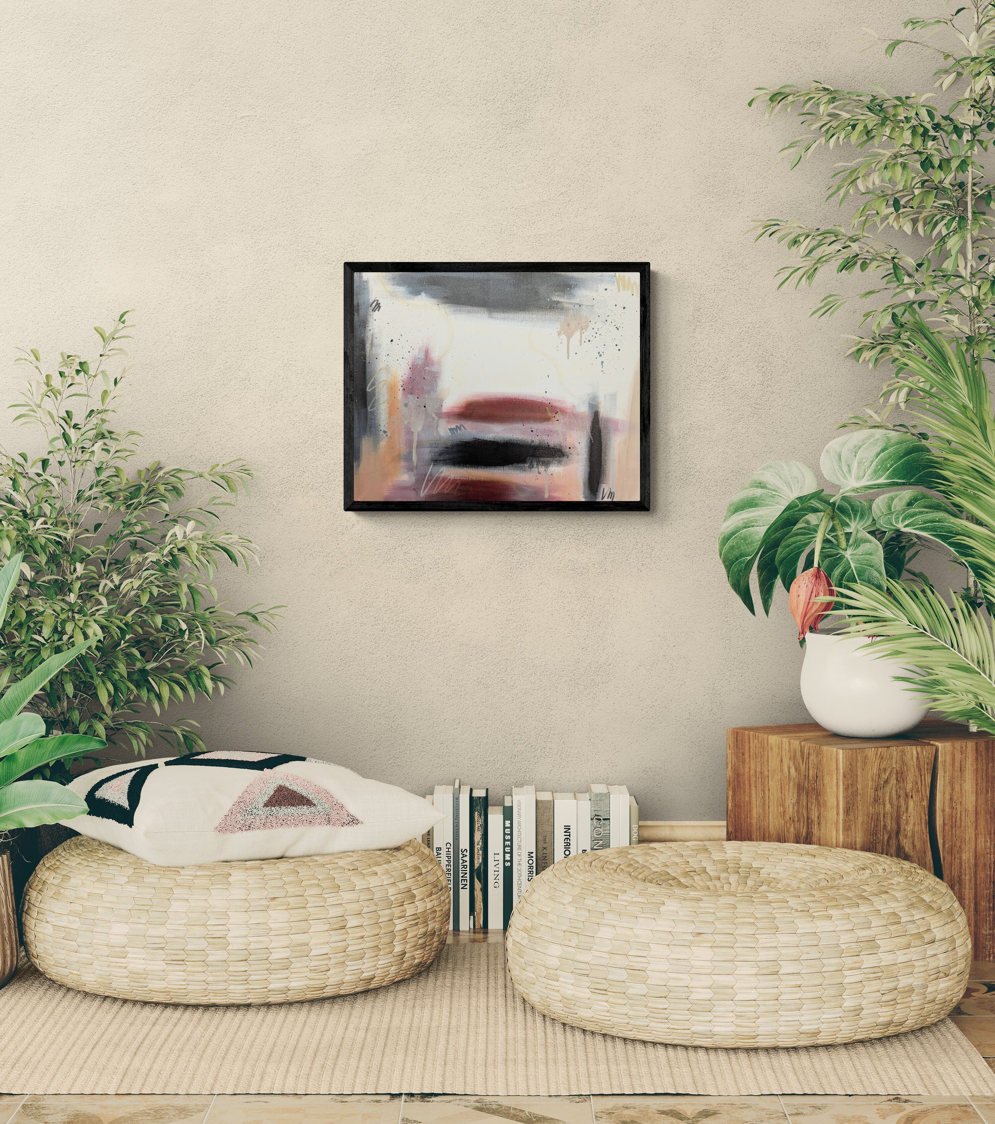 Abstract painting “Rooted” by Abby May hung on a textured neutral wall between plants and woven floor seating in a serene, organic living space.