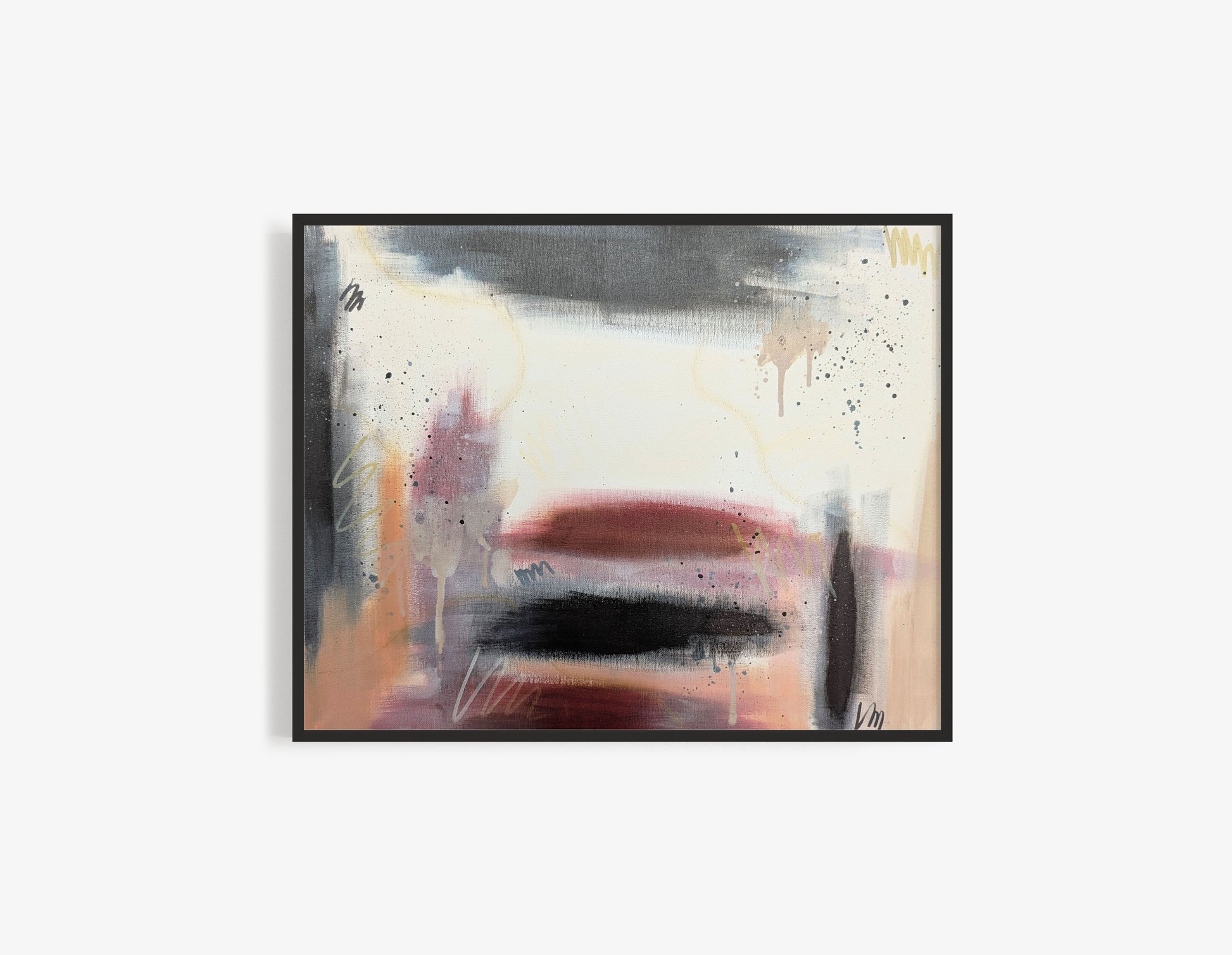 Framed original abstract painting “Rooted” by Abby May shown against a light background, highlighting soft earth tones and layered brushwork.