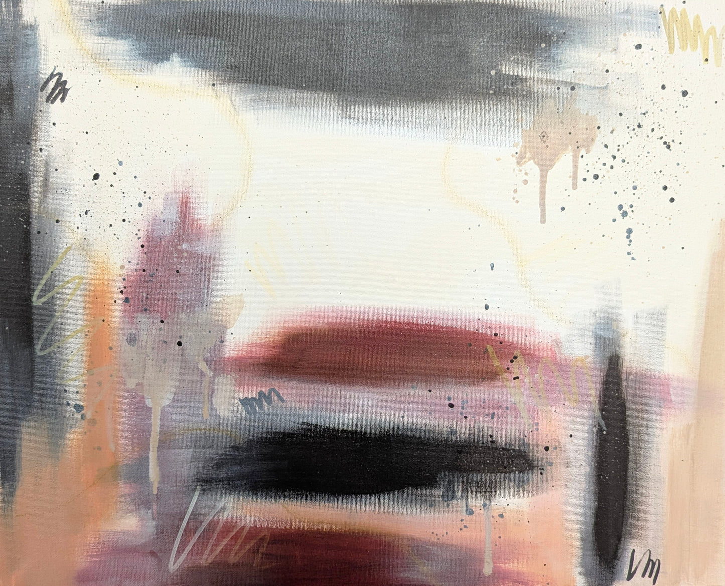 "Rooted" original abstract painting by Abby May Art. A serene cream composition with a heavy raw umber base, earthy clay-toned washes, and sweeping oil pastel lines.