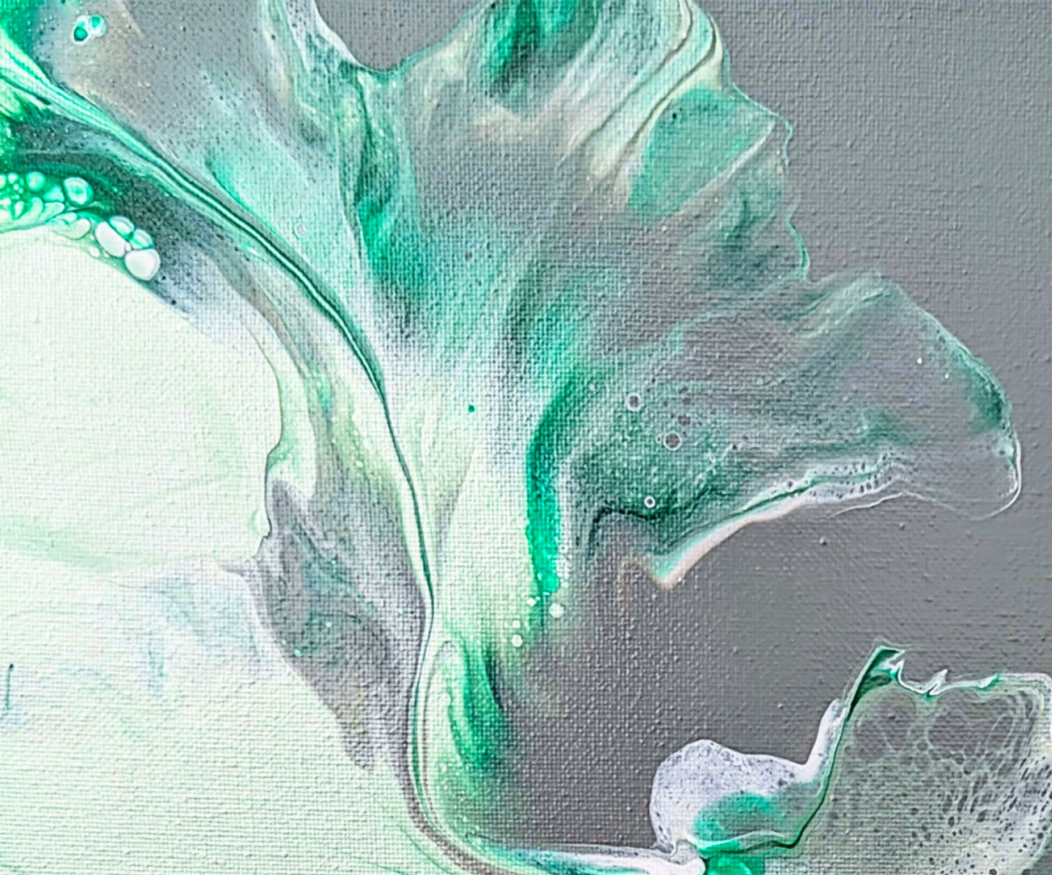 Close-up section of Sea Glass painting, showing blended teal, aqua, and gray hues with fluid movement and subtle depth.