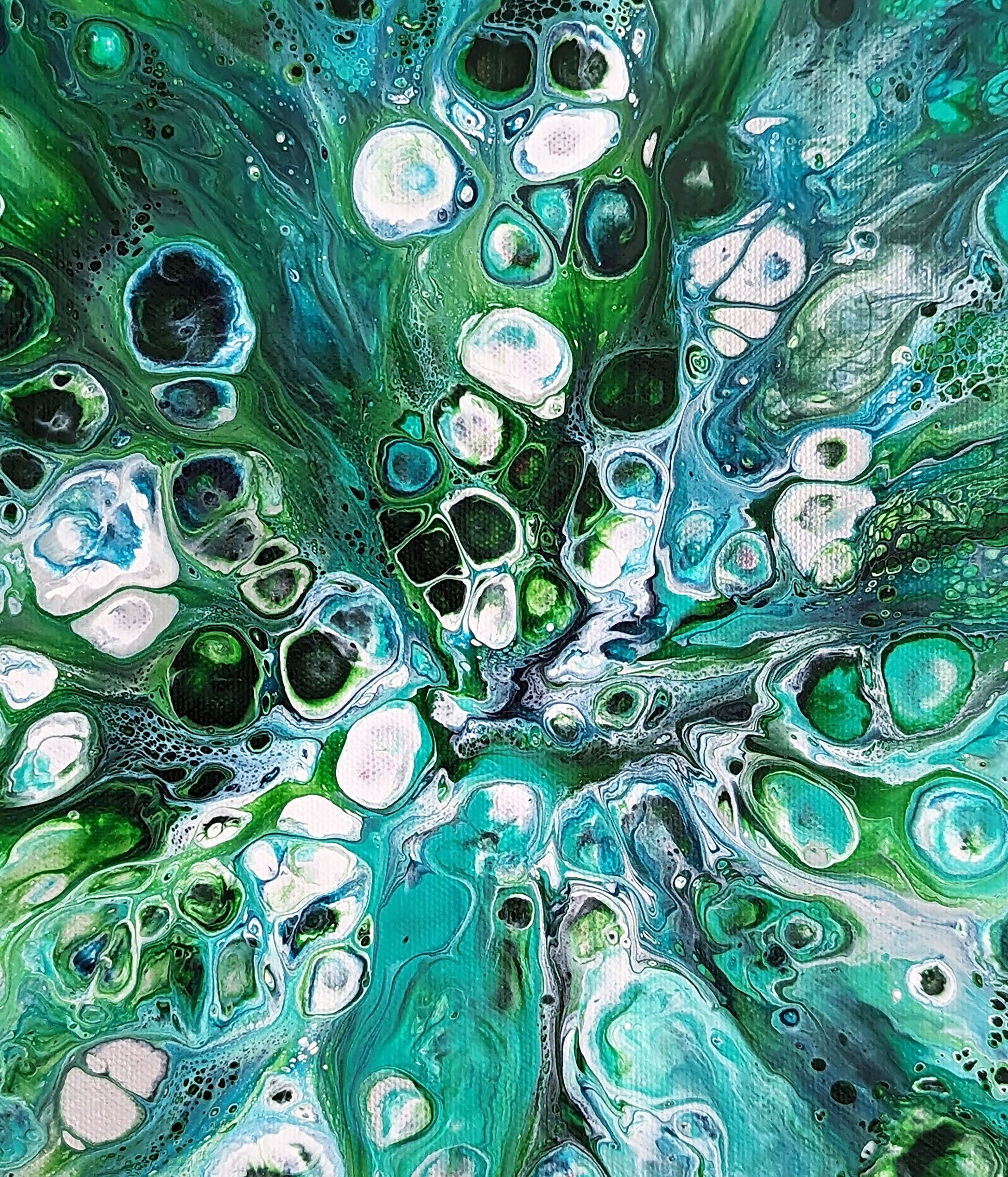 Close-up of Sea Maiden acrylic fluid art, showing intricate lacing and cell patterns in turquoise, deep green, and white.