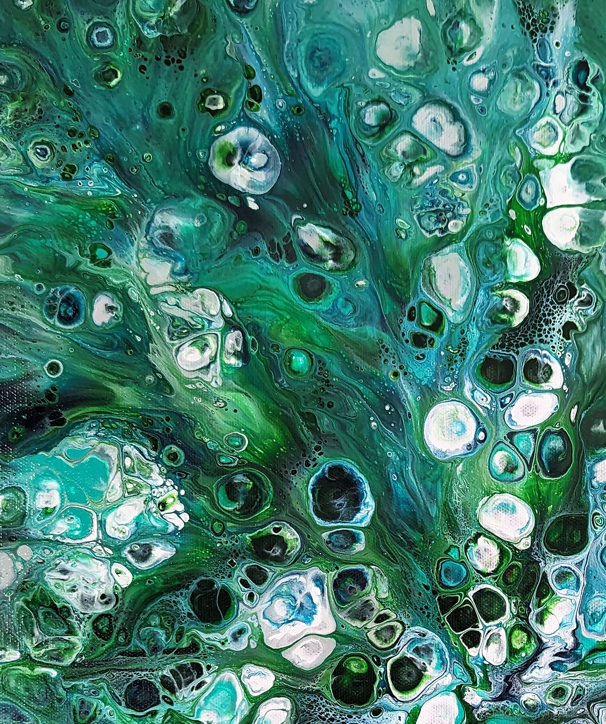 Detailed view of Sea Maiden painting, highlighting layered teal, emerald, and seafoam green with organic fluid textures