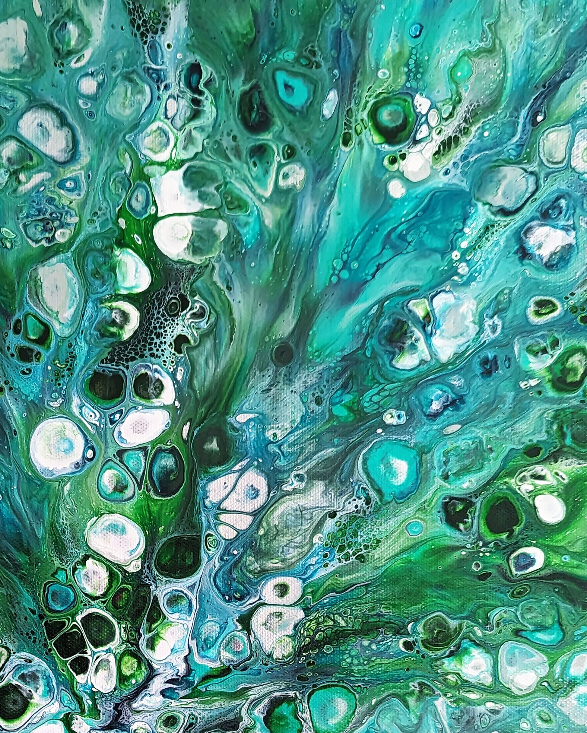 Zoomed section of Sea Maiden artwork with dynamic green and blue cells blending into soft white, resembling underwater coral patterns.