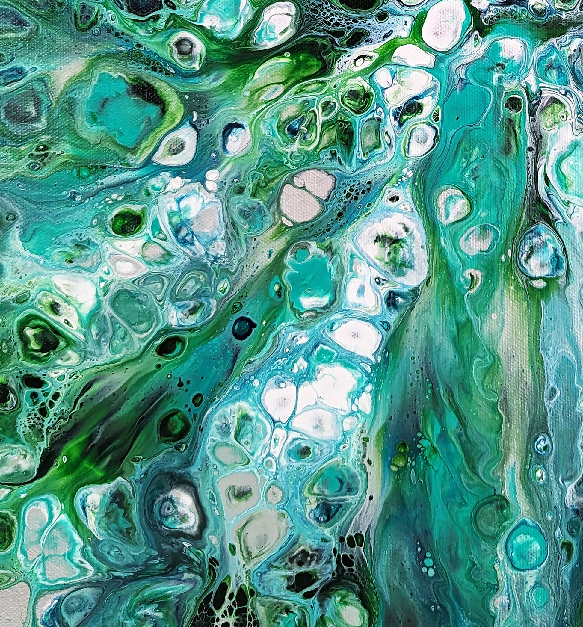 Macro detail of Sea Maiden painting, featuring aqua, green, and jade tones flowing together in fluid, ocean-inspired forms.