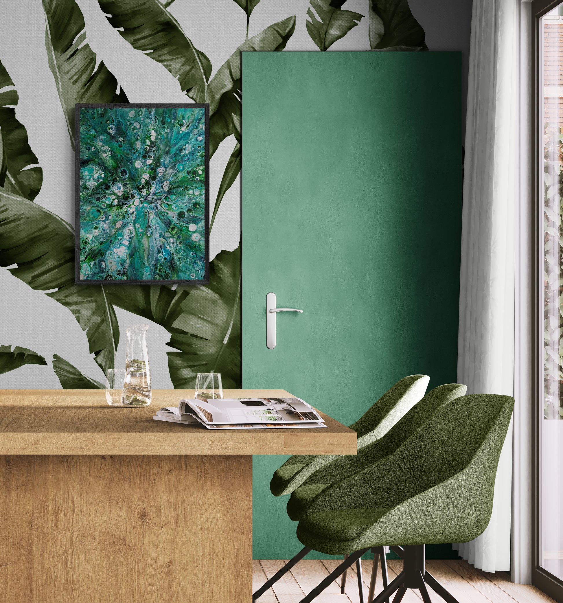 Sea Maiden fluid art painting framed in black, styled above a wooden table with leafy green wallpaper, green chairs, and natural light.