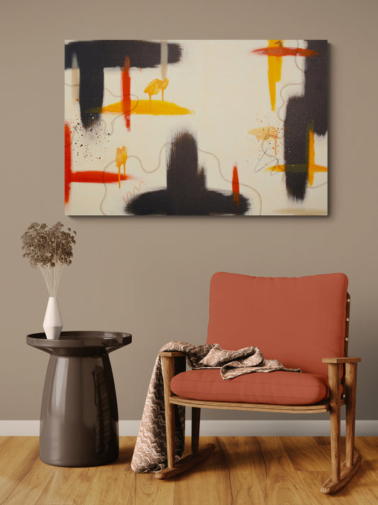 A horizontal abstract canvas print titled "Silt" hangs on a taupe wall above a mid-century modern terracotta rocking chair and a dark side table. The painting features bold strokes of raw umber, vibrant yellow, and red against a cream background, with delicate oil pastel lines and splatters.