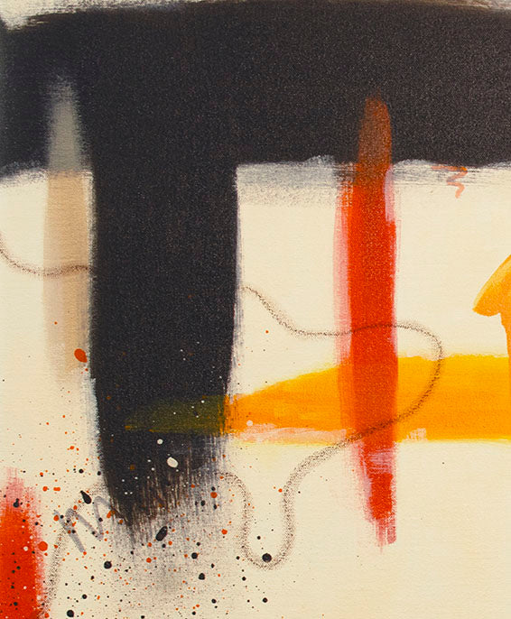 Close-up detail of "Silt" abstract painting, showing the rich texture of raw umber brushstrokes contrasted with delicate orange splatters and fine oil pastel lines.
