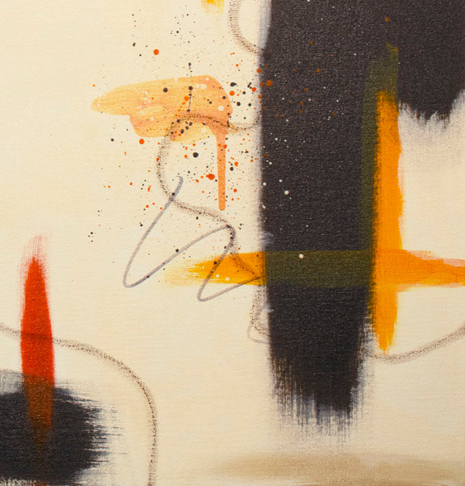 Artistic macro shot of "Silt" by Abby May, capturing the layered mixed media and the "glow" of ember-like orange paint against an earthy raw umber structure.