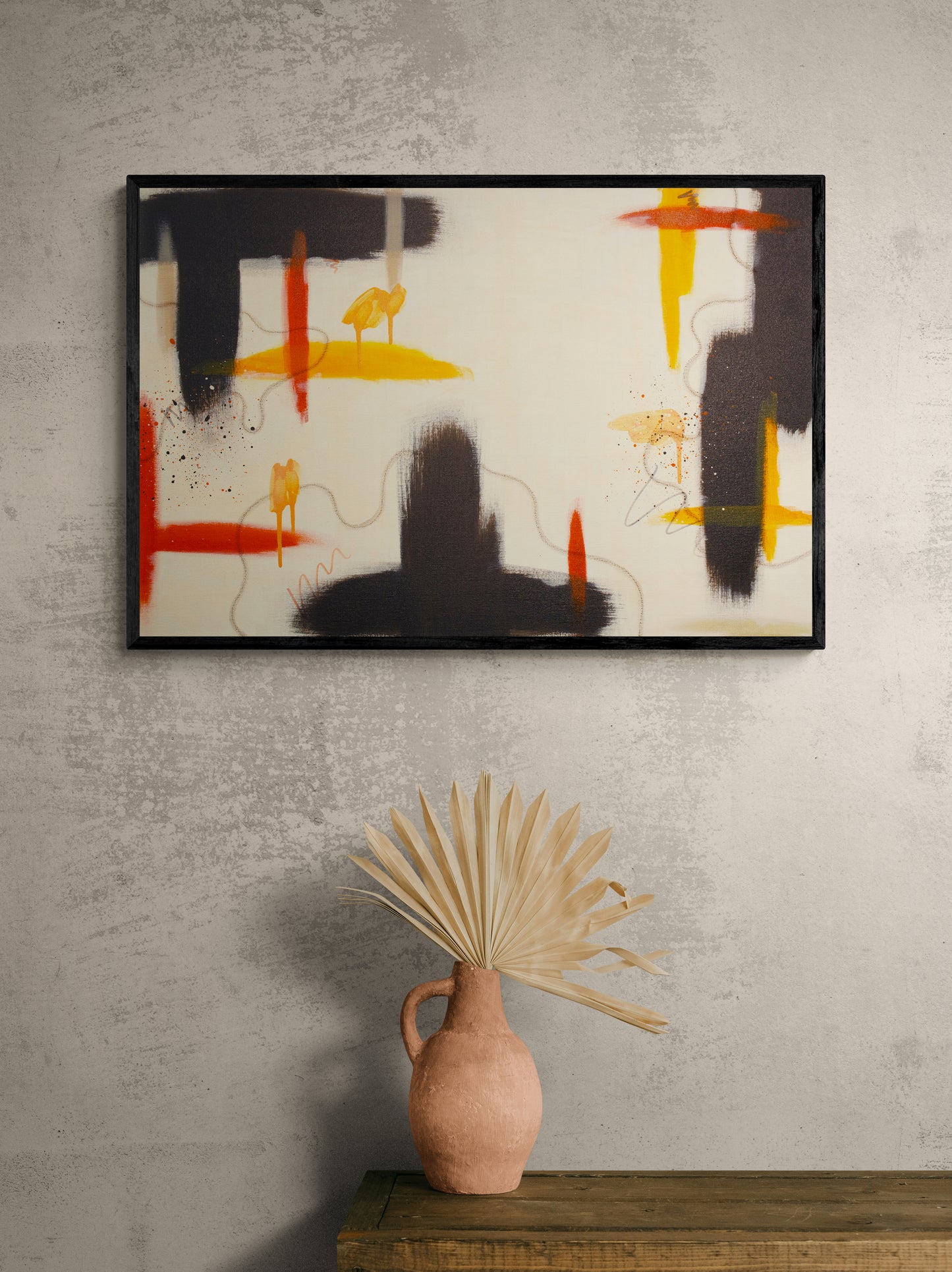 Large abstract art "Silt" by Abby May styled above a cabinet, highlighting the piece’s sophisticated neutral palette and grounding raw umber elements.