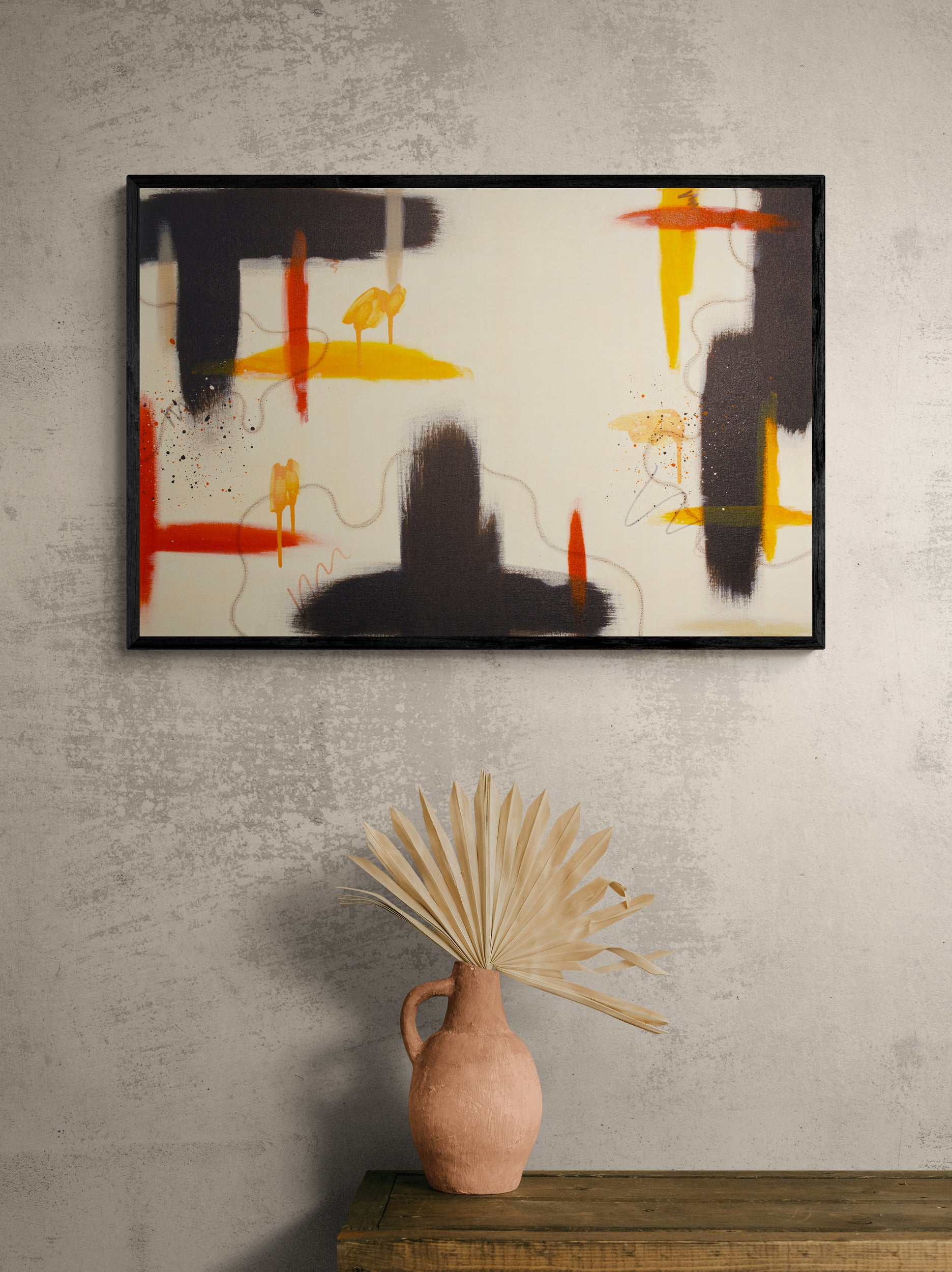 Large abstract art "Silt" by Abby May styled above a cabinet, highlighting the piece’s sophisticated neutral palette and grounding raw umber elements.