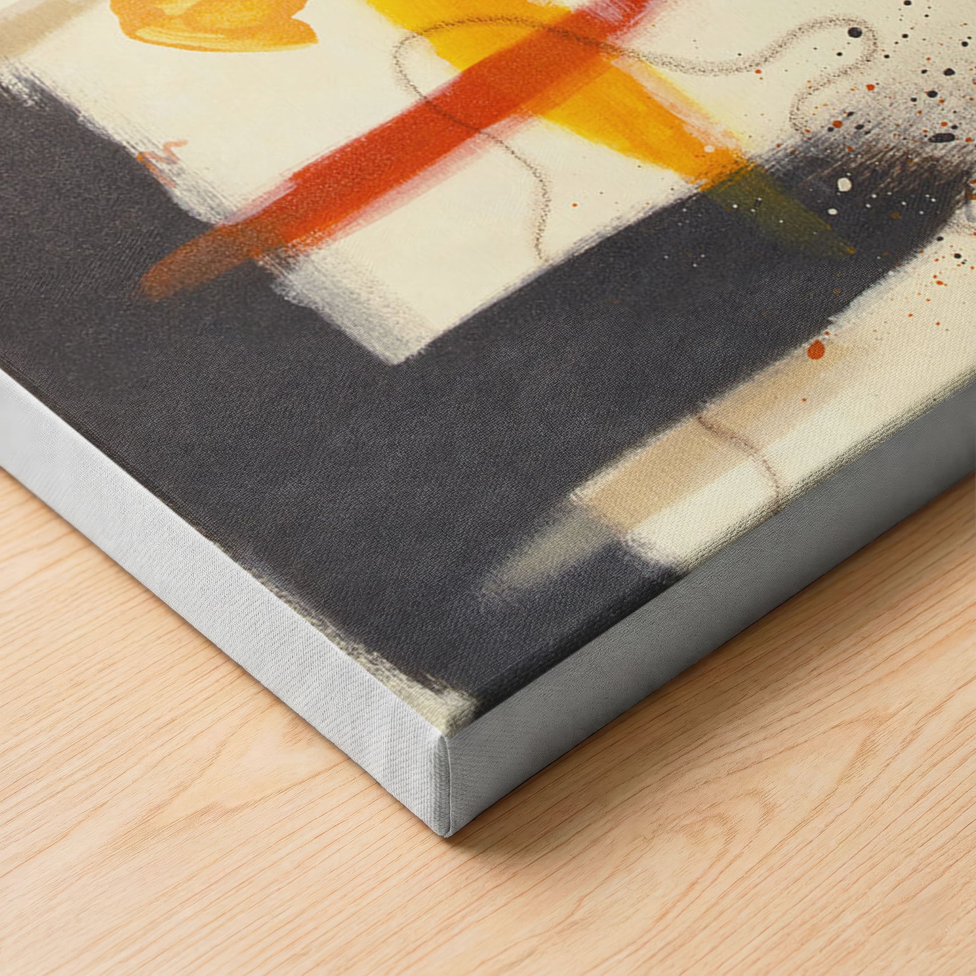 A close up detail of the canvas print showing the texture of the canvas. The print is laying on a light wooden table.