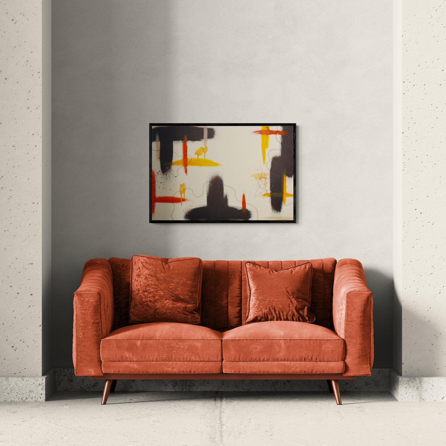 "Silt" original abstract painting by Abby May hanging above a modern couch, showing how the warm orange accents and raw umber framing anchor a contemporary living space.