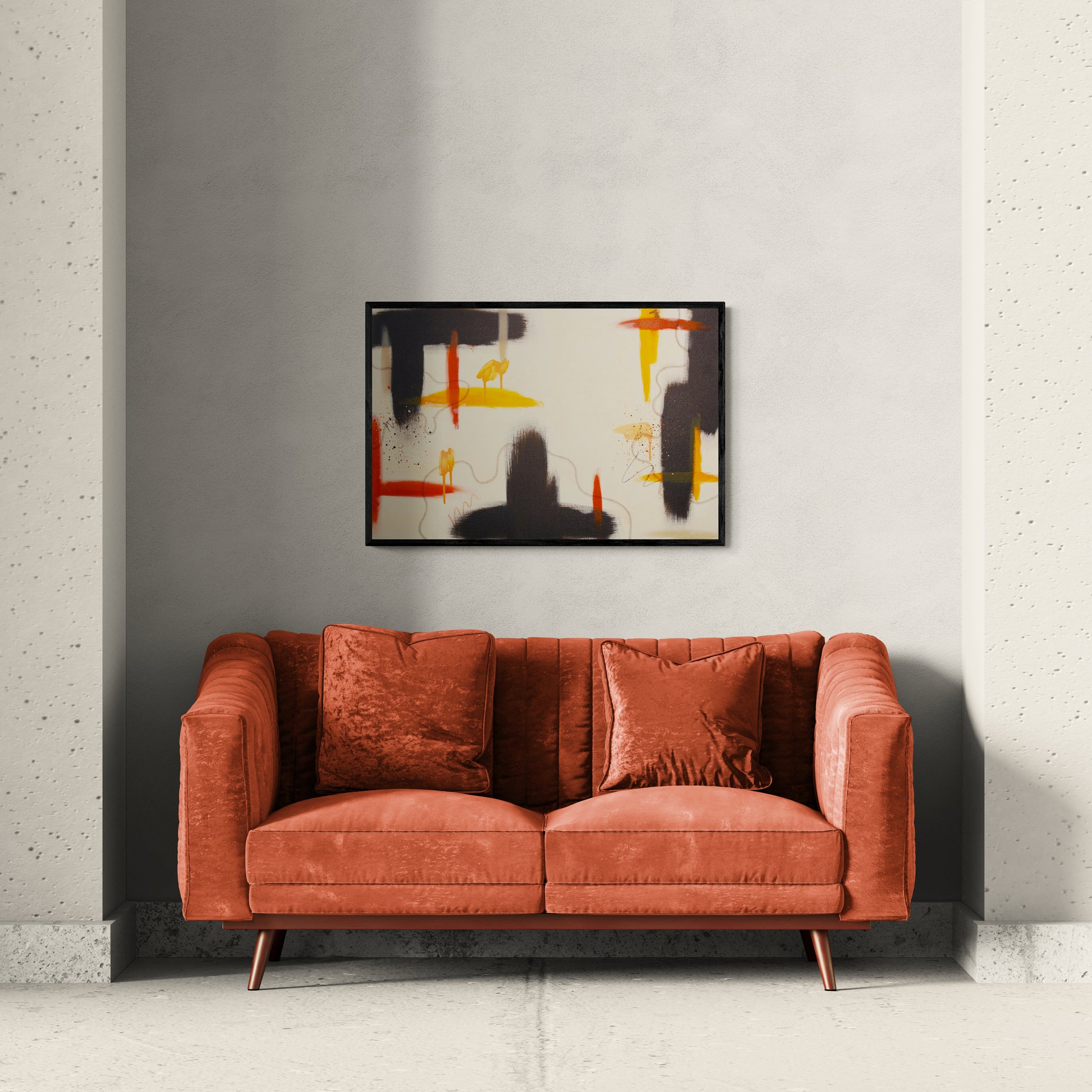 "Silt" original abstract painting by Abby May hanging above a modern couch, showing how the warm orange accents and raw umber framing anchor a contemporary living space.