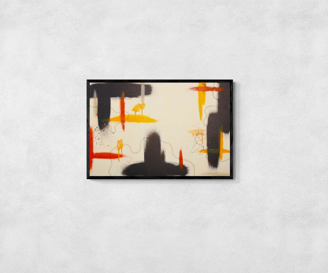 Interior design featuring "Silt" by Abby May Art, an original abstract painting that provides a dramatic, grounding presence through its use of raw umber and warm tones.