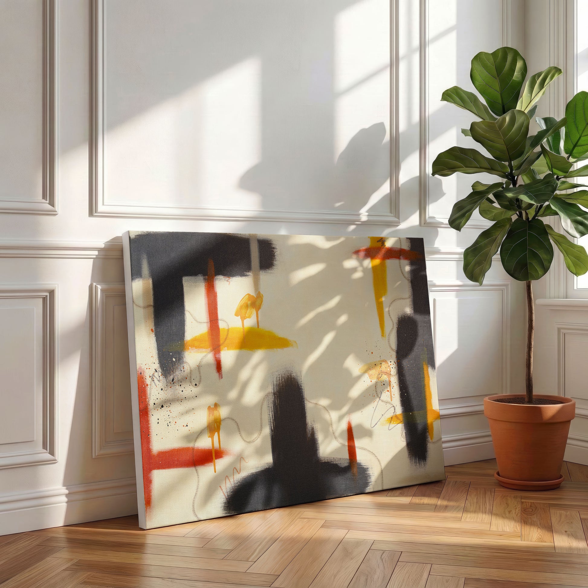 A canvas print of the painting leaning against a white wall, sitting on a wooden floor next to a potted tree.