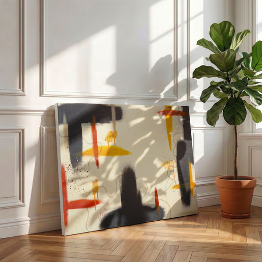 A canvas print of the painting leaning against a white wall, sitting on a wooden floor next to a potted tree.