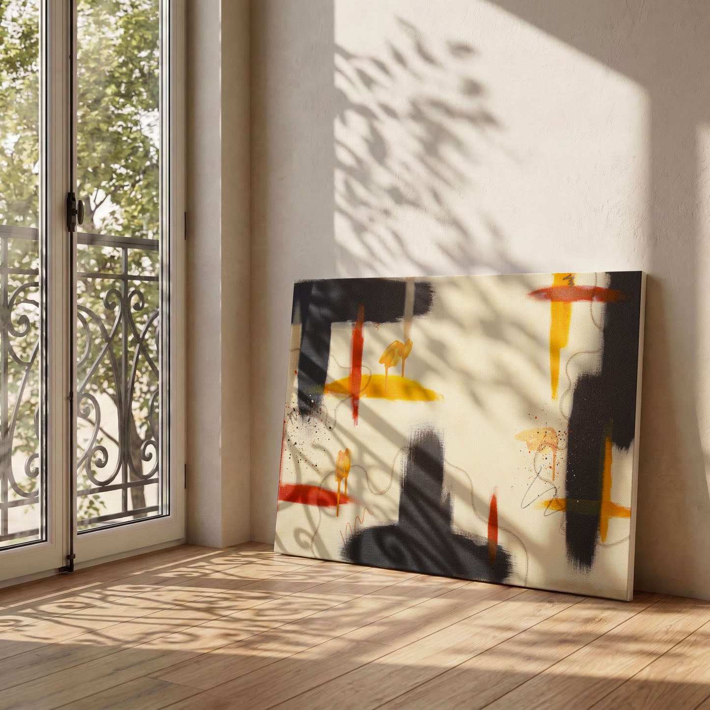 A canvas print of the painting leaning against a slightly textured white wall, sitting on a wooden floor. The print sits near a tall balcony window, with light and shadow across the print.