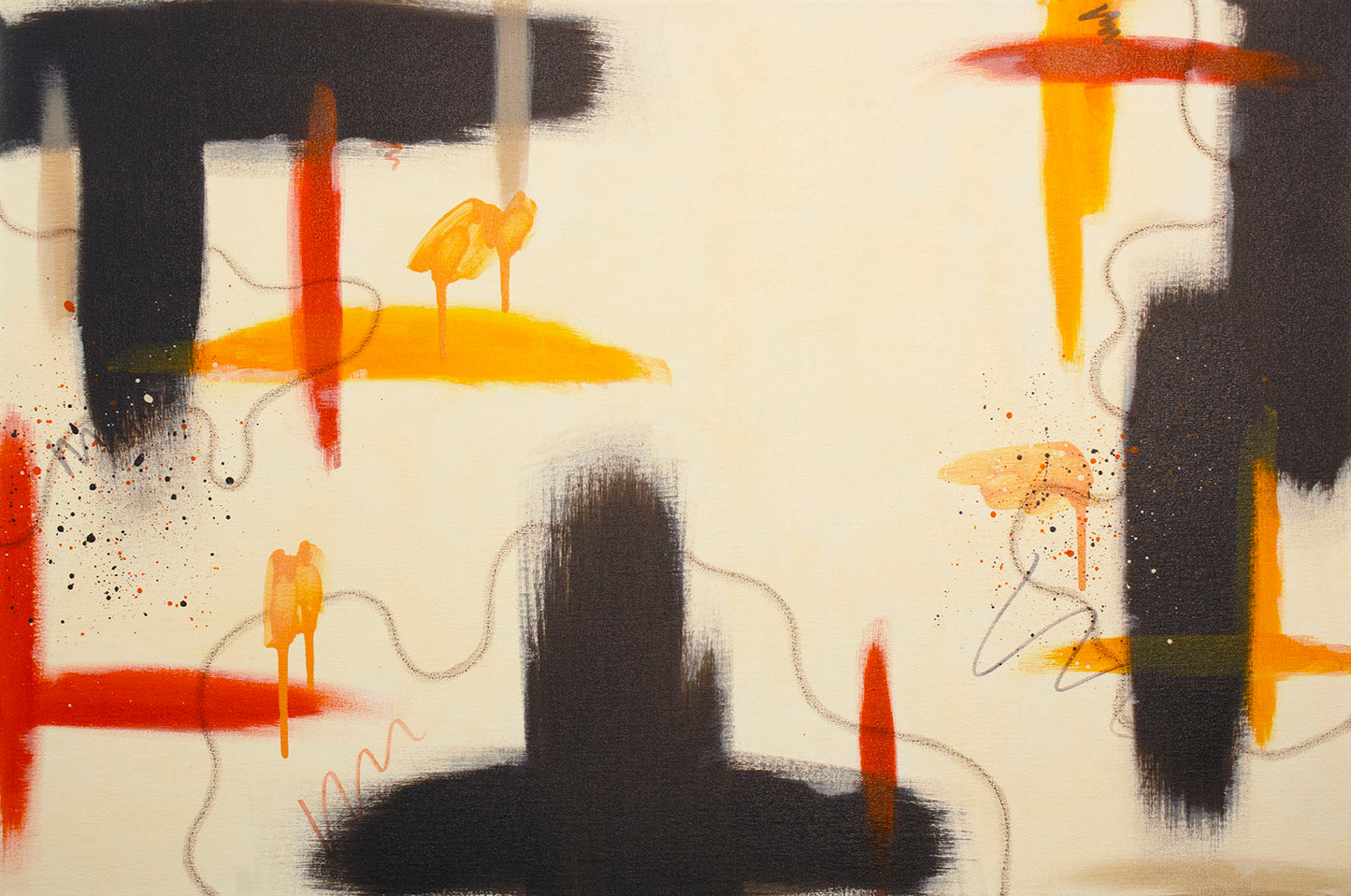 "Silt" original abstract painting by Abby May. A large-scale cream composition featuring bold raw umber architectural blocks and vibrant strikes of burnt orange, and bright orange-yellow.