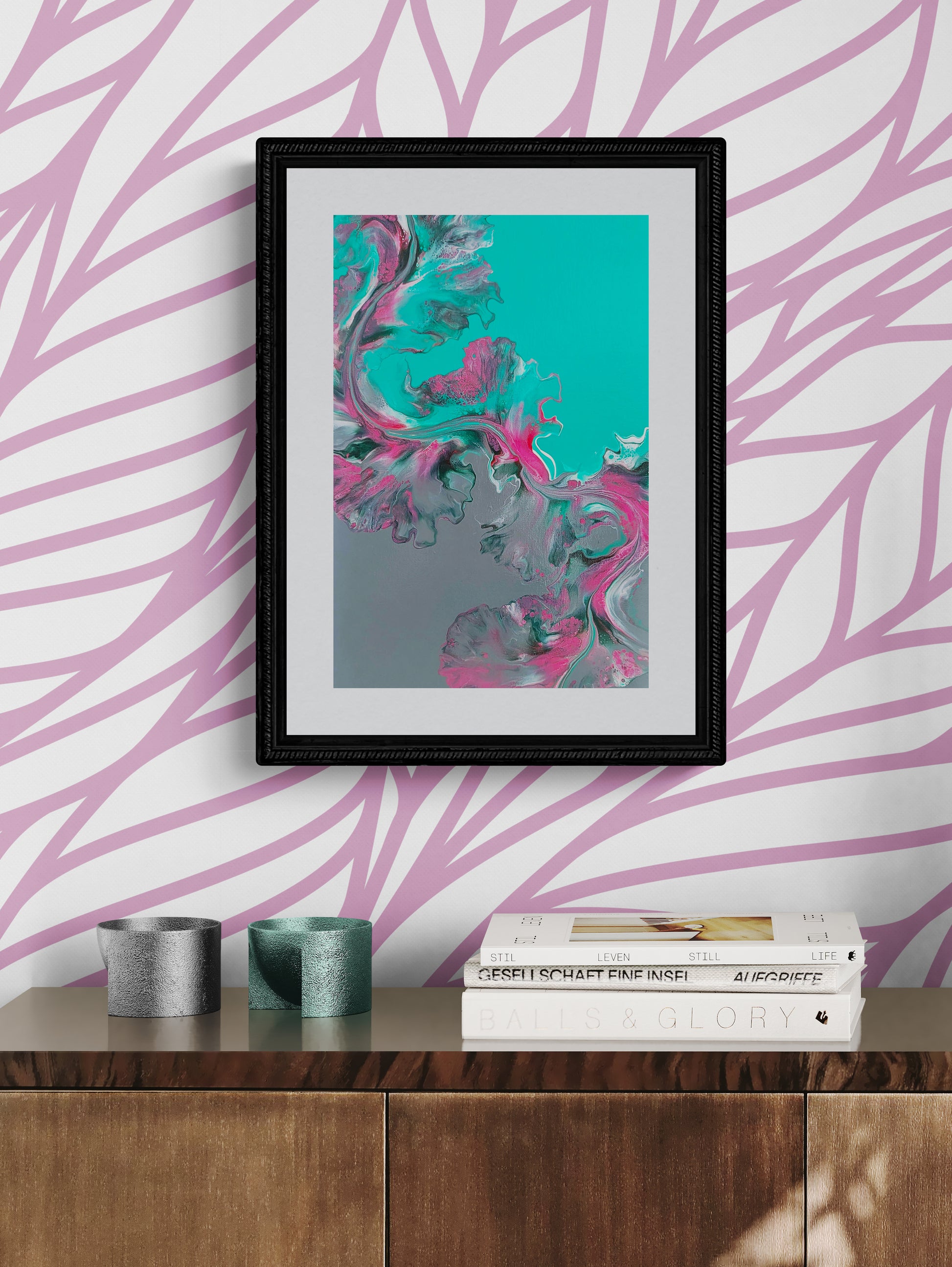 Slow Ascent – teal, pink, and silver abstract fluid art print, framed wall decor styled with lavender leaf wallpaper and console table.