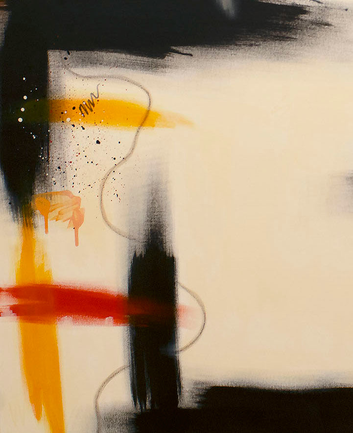 Close-up detail of "Slow Burn" abstract painting, showing the tactile texture of sweeping oil pastel lines and vibrant orange paint splatters over raw umber.