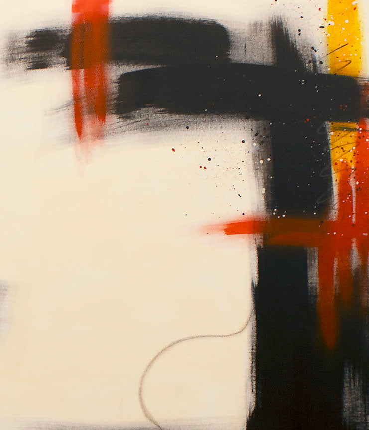 Artistic macro shot of "Slow Burn" by Abby May, showcasing the interplay between heavy raw umber paint blocks and delicate, atmospheric orange details.