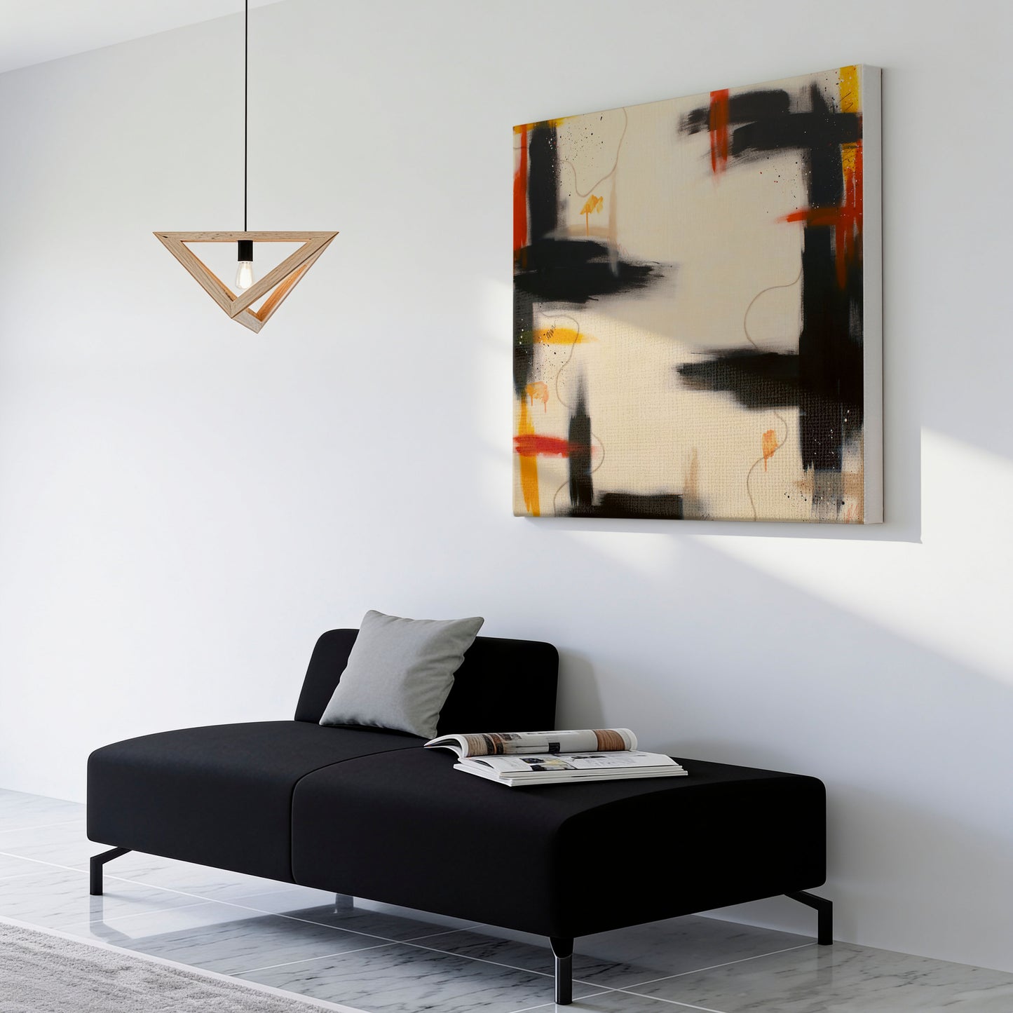 A large canvas print of the painting hanging on a white wall, above a black couch. On the couch is a grey pillow, and an open book. In front of the canvas is a triangular hanging light.