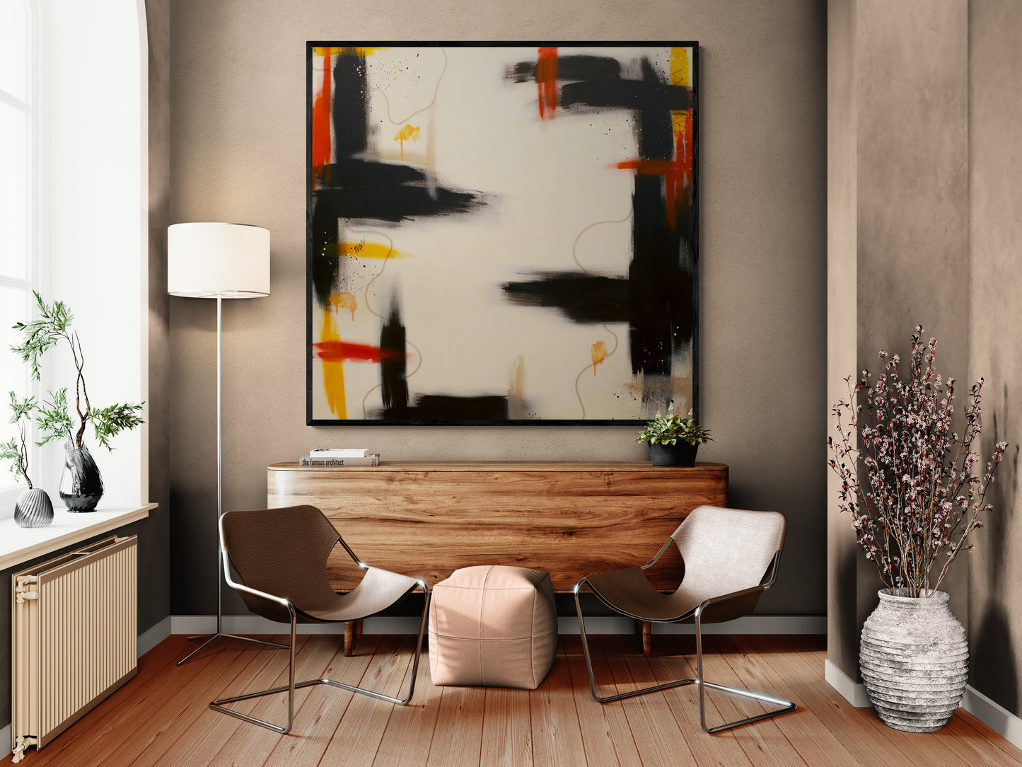 Large abstract art "Slow Burn" by Abby May styled above a modern desk, showing how the warm orange tones and raw umber framing anchor a contemporary workspace.