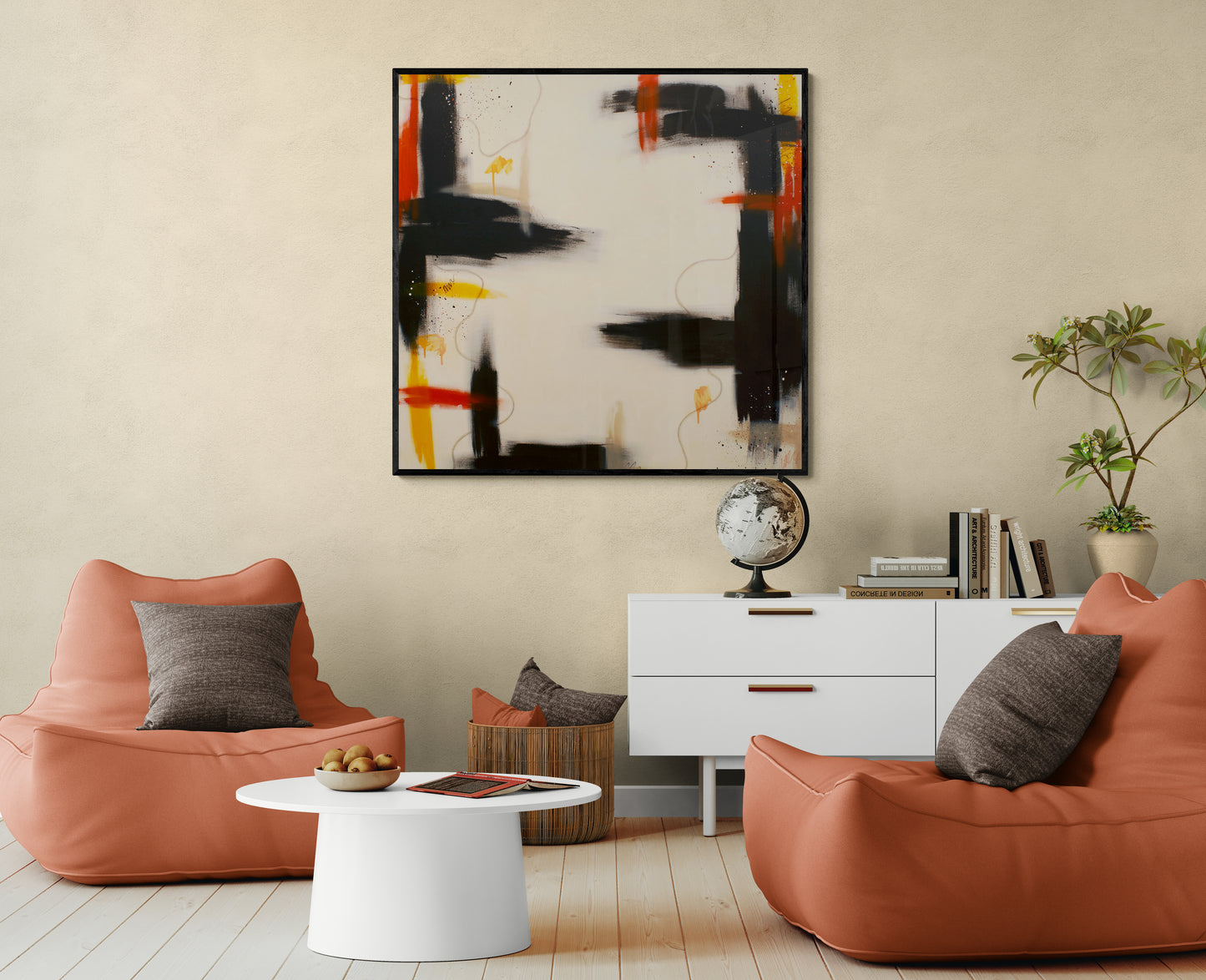"Slow Burn" original painting displayed in a bright modern interior with loungers, highlighting the piece's scale and grounding raw umber elements.
