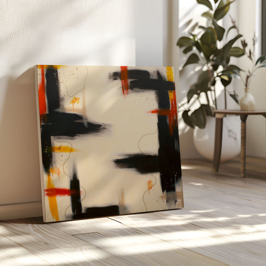 A canvas print of the painting leaning against a light textured white wall, sitting on a grey, wood slated floor. In the background, there's a large potted plant in a white pot, a wooden stool, and a small vase with plants in it.