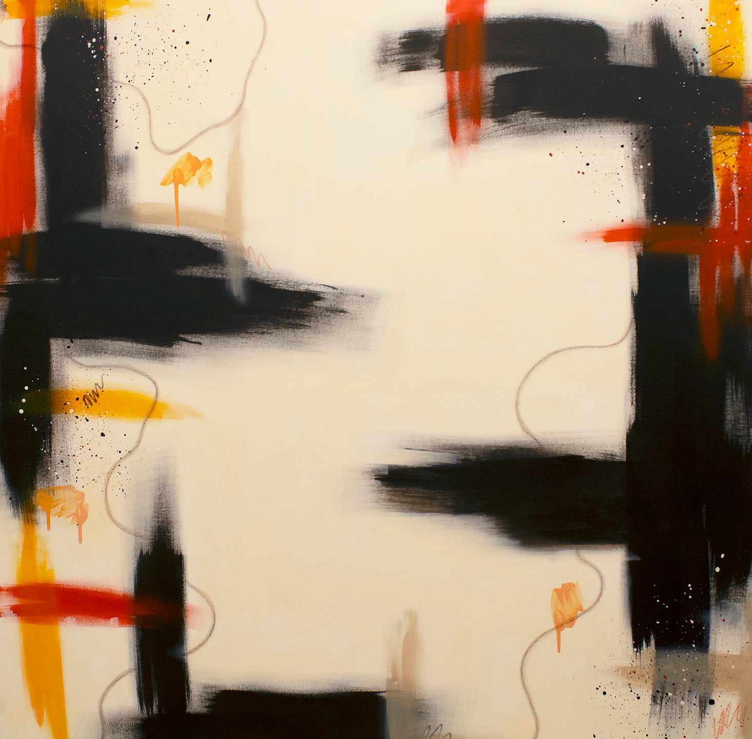 "Slow Burn" original abstract painting by Abby May. Minimalist cream composition featuring bold raw umber structural blocks and fiery burnt orange and orange-yellow accents.