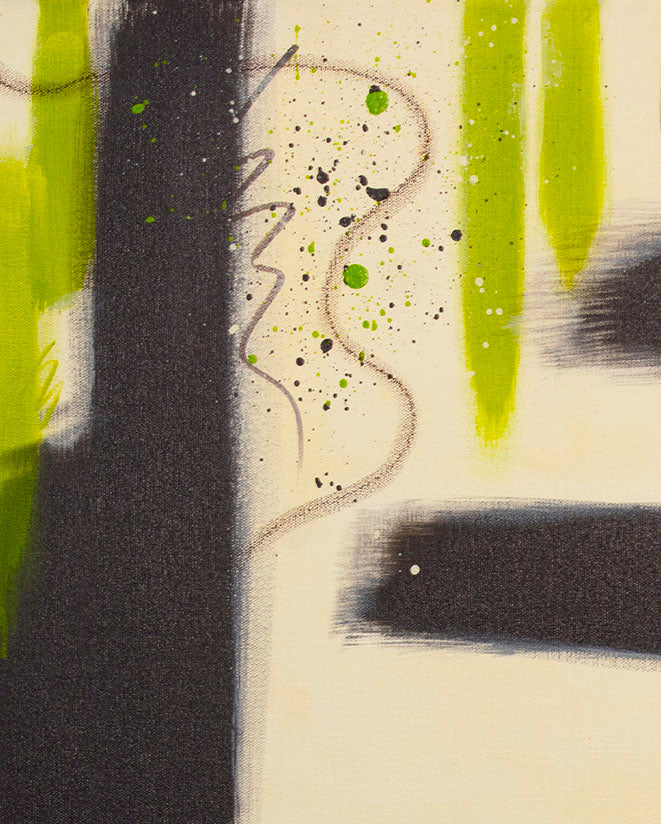 Close-up detail of "Suspended Ground" abstract painting, showing the rich texture of raw umber paint, expressive splatters, and fine, wandering pencil marks.