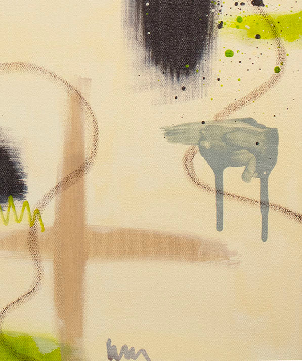 Artistic detail of gestural raw umber brushstrokes and layered mixed media textures in the "Suspended Ground" original painting.