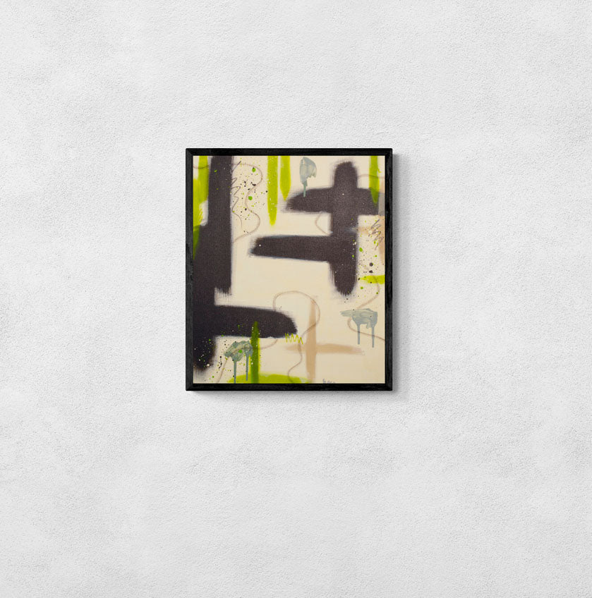 Modern interior design featuring "Suspended Ground" by Abby May, an original abstract painting with a sophisticated neutral palette of cream and raw umber.