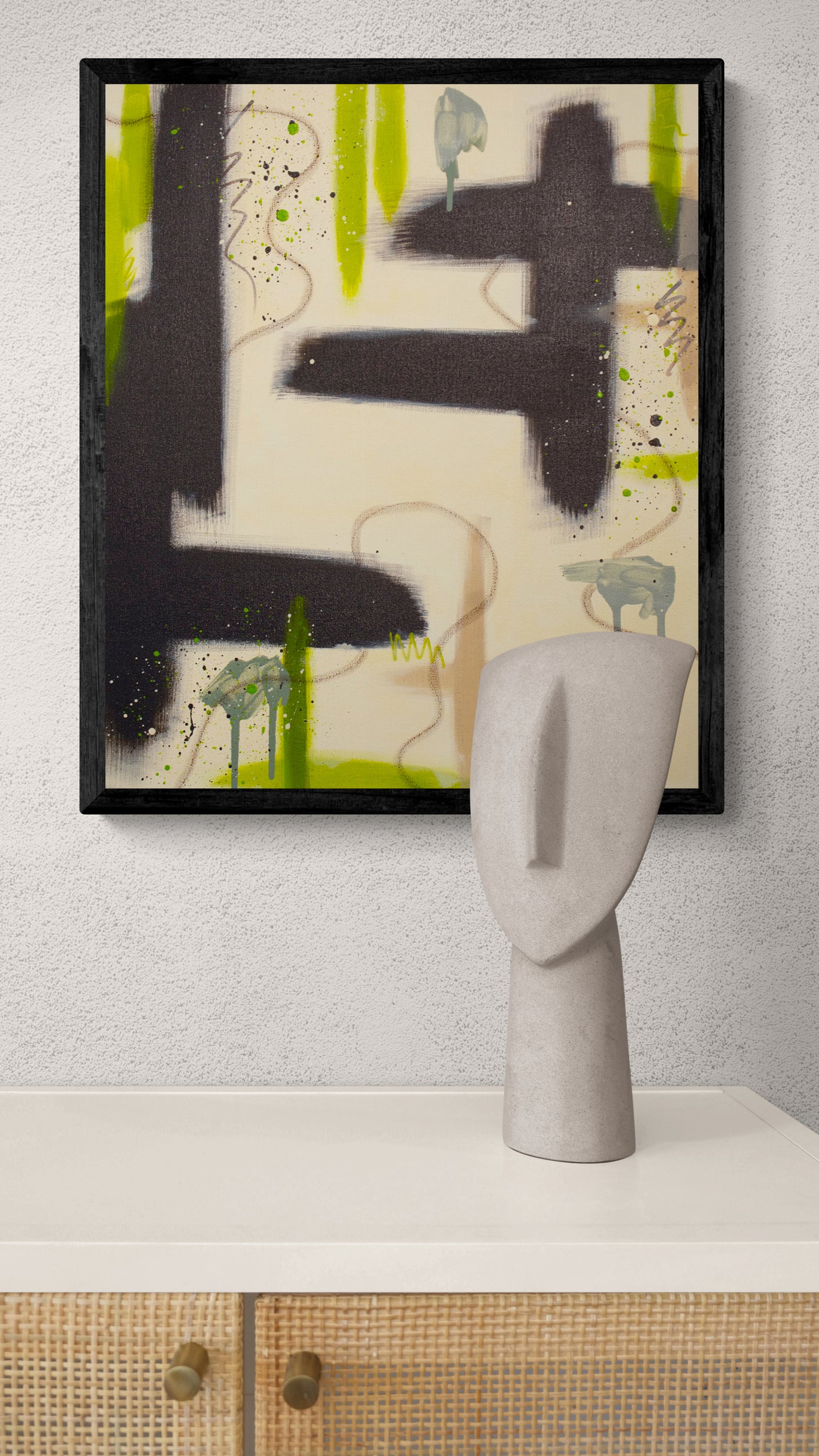 "Suspended Ground" abstract painting by Abby May styled above a cabinet, highlighting the grounding raw umber elements and airy, expansive composition.