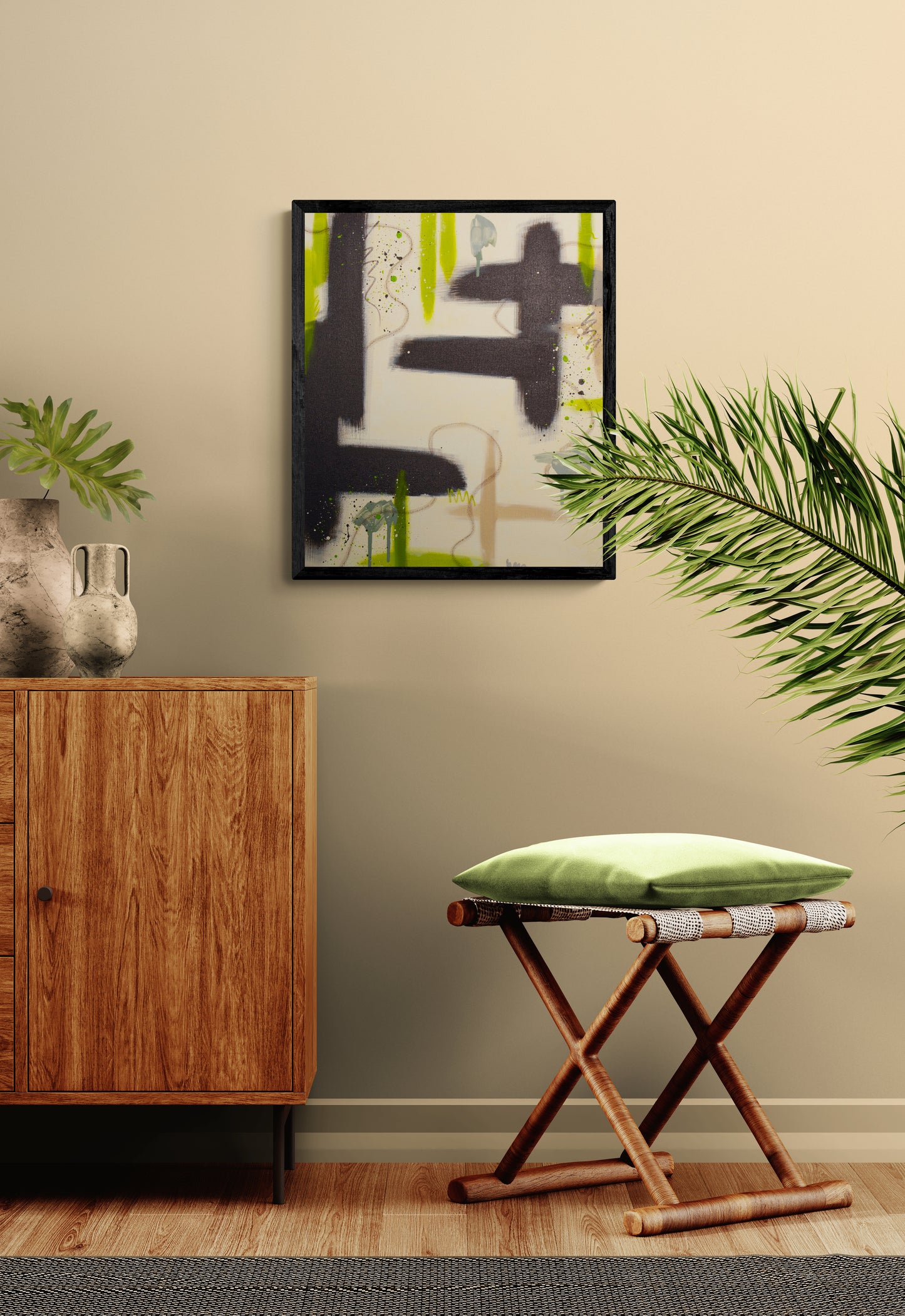 Large-scale abstract art "Suspended Ground" by Abby May hanging above a modern stool, showing how the earthy raw umber palette complements contemporary decor.
