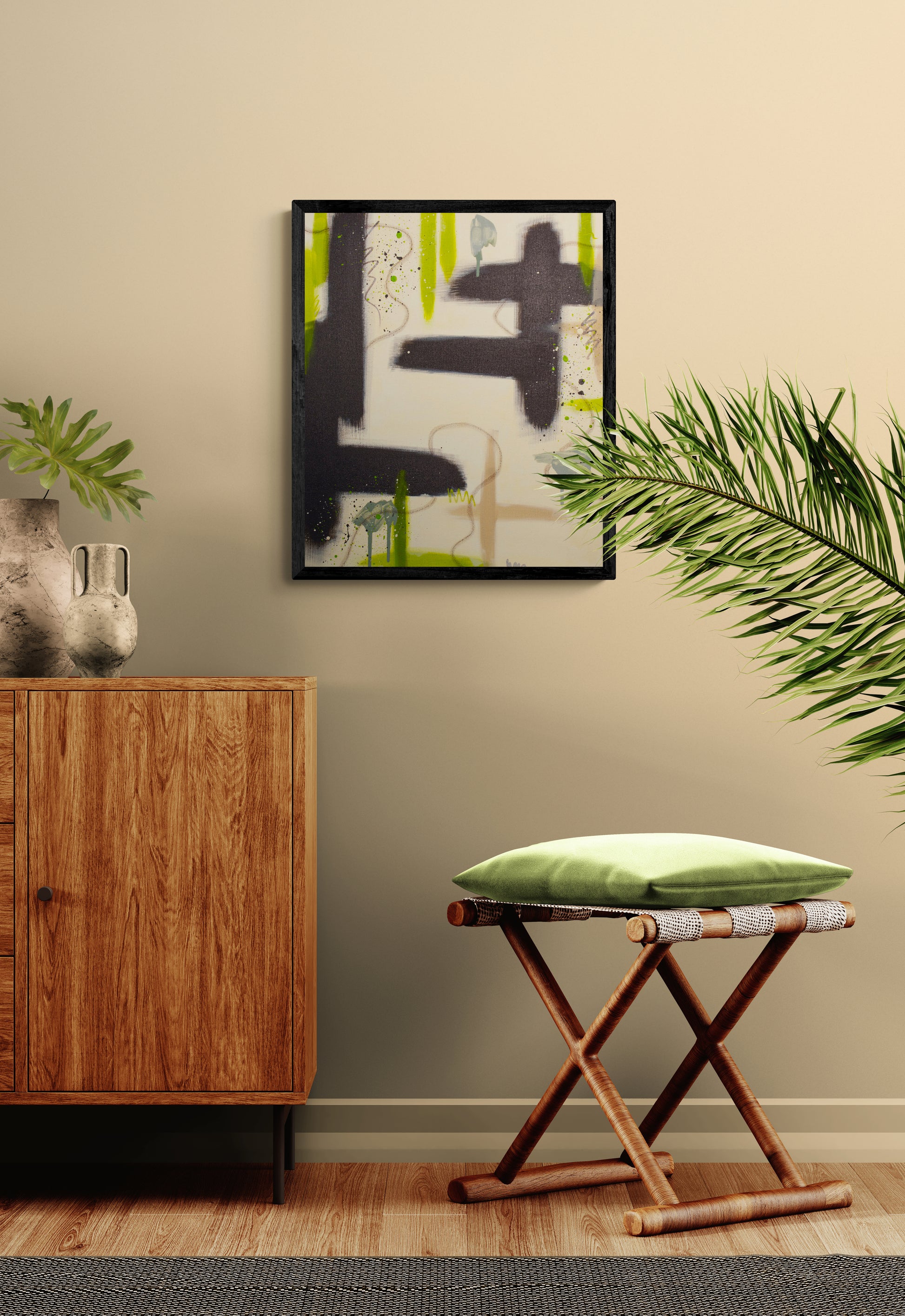 Large-scale abstract art "Suspended Ground" by Abby May hanging above a modern stool, showing how the earthy raw umber palette complements contemporary decor.