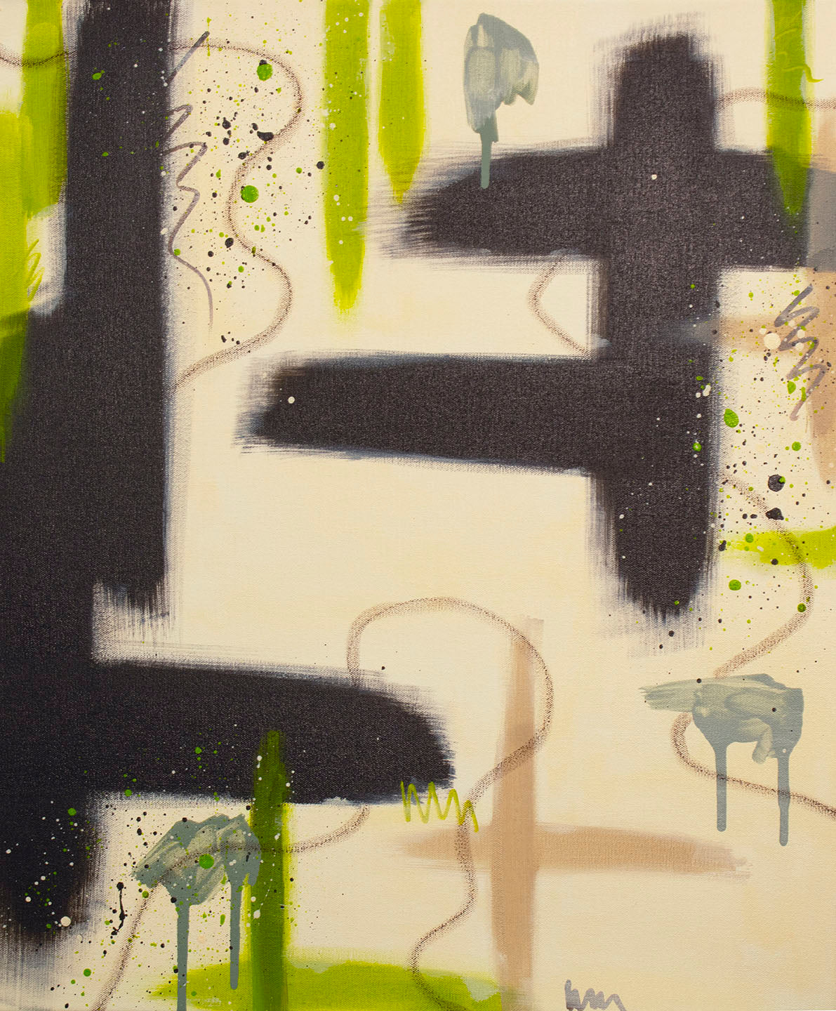 "Suspended Ground" original abstract painting by Abby May. A minimalist cream composition featuring bold raw umber structural blocks and delicate graphite lines.