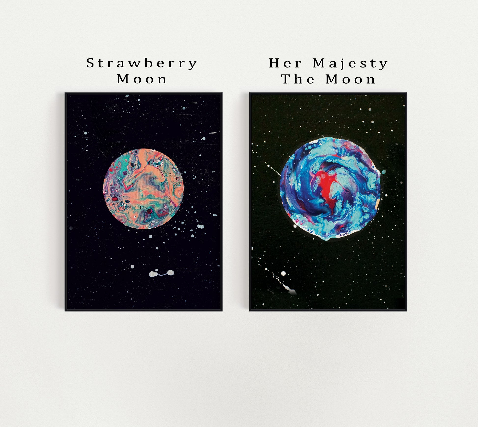 Labeled image of Strawberry Moon and Her Majesty The Moon prints with identifying titles above each artwork; pinks and blues swirl against dark cosmic backgrounds.