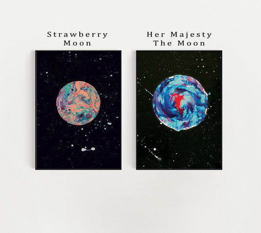 Labeled image of Strawberry Moon and Her Majesty The Moon prints with identifying titles above each artwork; pinks and blues swirl against dark cosmic backgrounds.