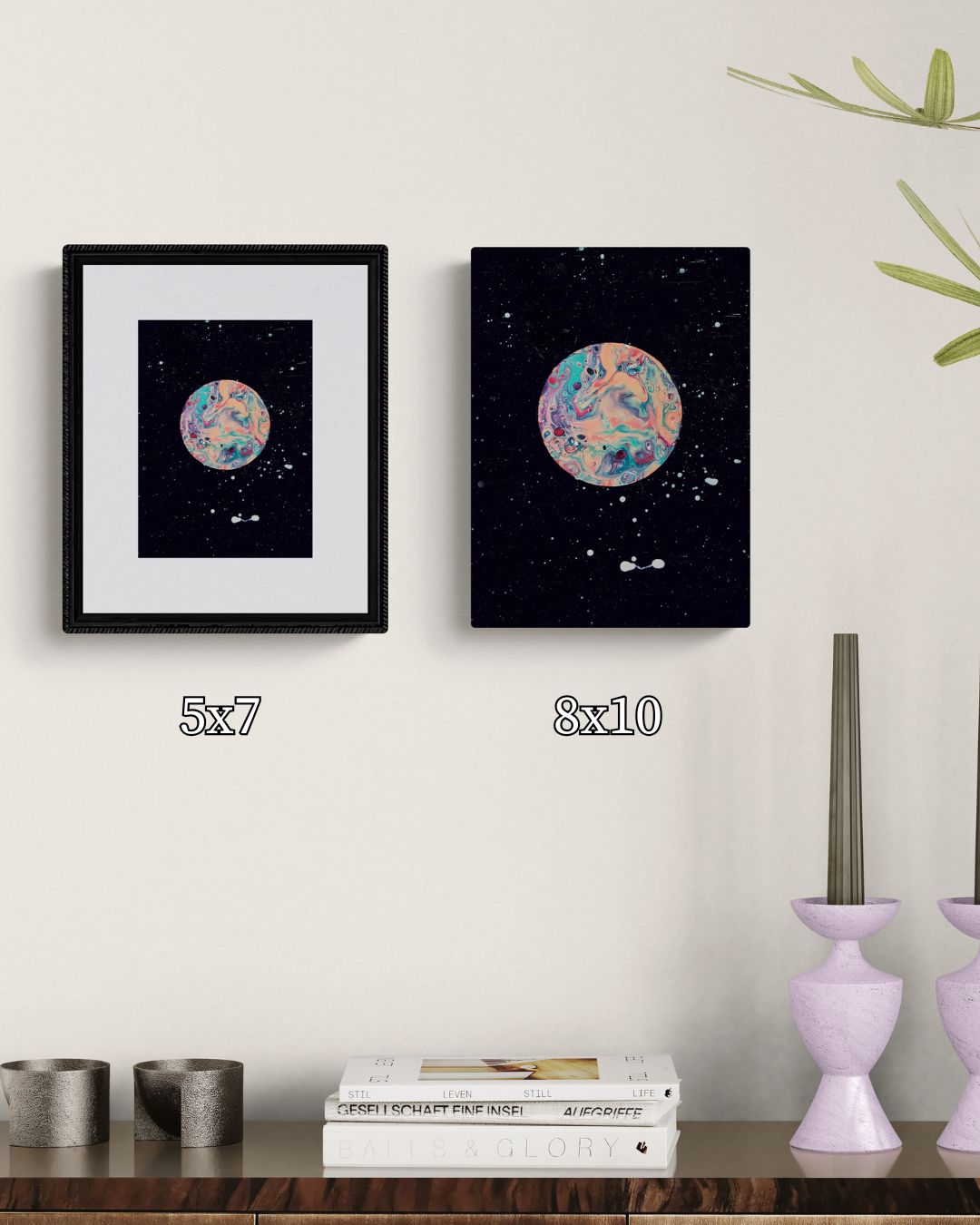 Strawberry Moon abstract art print featuring pink, and teal tones on a black background, shown in a black frame in two sizes of 5x7 with matting and 8x10 unframed