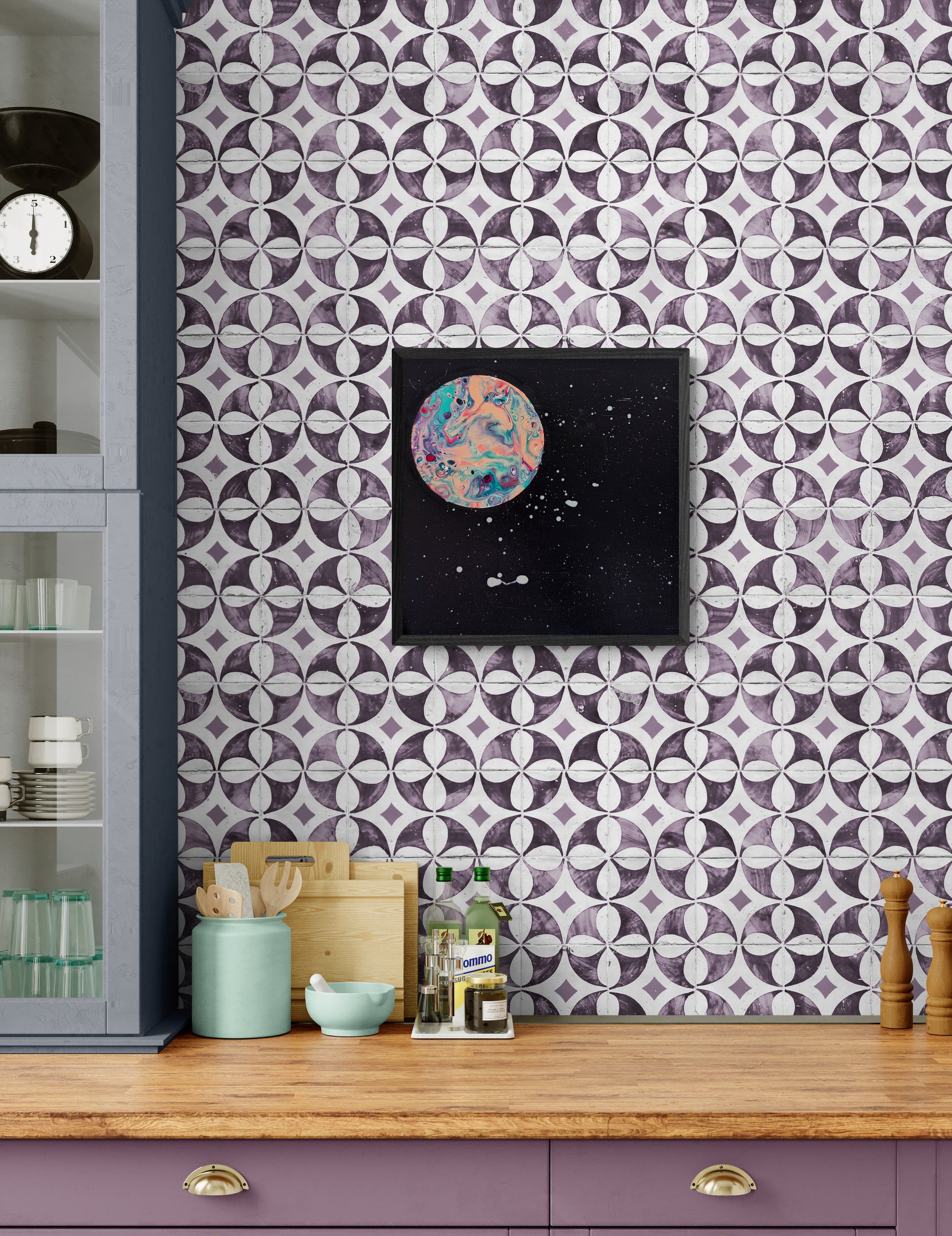 Strawberry Moon abstract painting hung in a kitchen space on a retro lavender and white patterned tile wall.