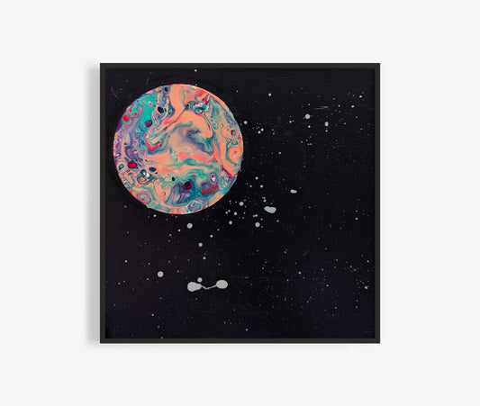 Close-up of Strawberry Moon original painting with swirls of peach, mint, and plum on a black starry background.