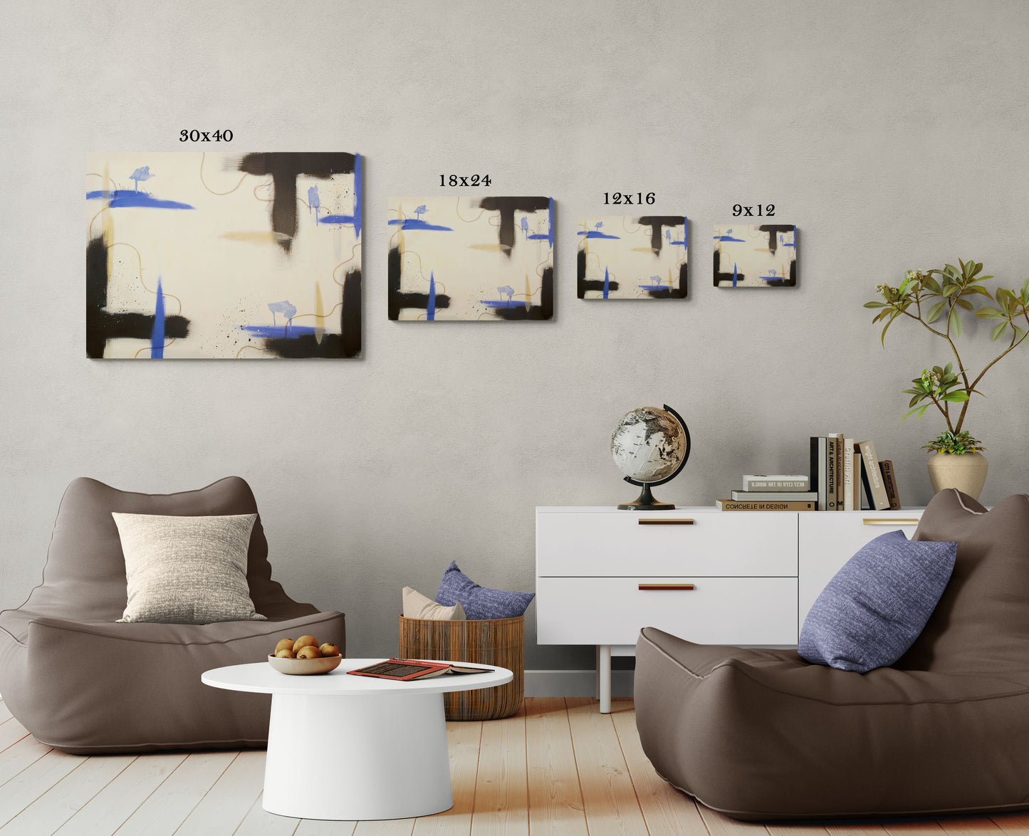 A size guide for the "Suspended Ground" abstract painting, showcasing four sizes—30x40, 18x24, 12x16, and 9x12—on a large gallery wall. Below the art is a modern living room setup with two low-profile brown lounge chairs, a white coffee table, and a white dresser with a globe and books.