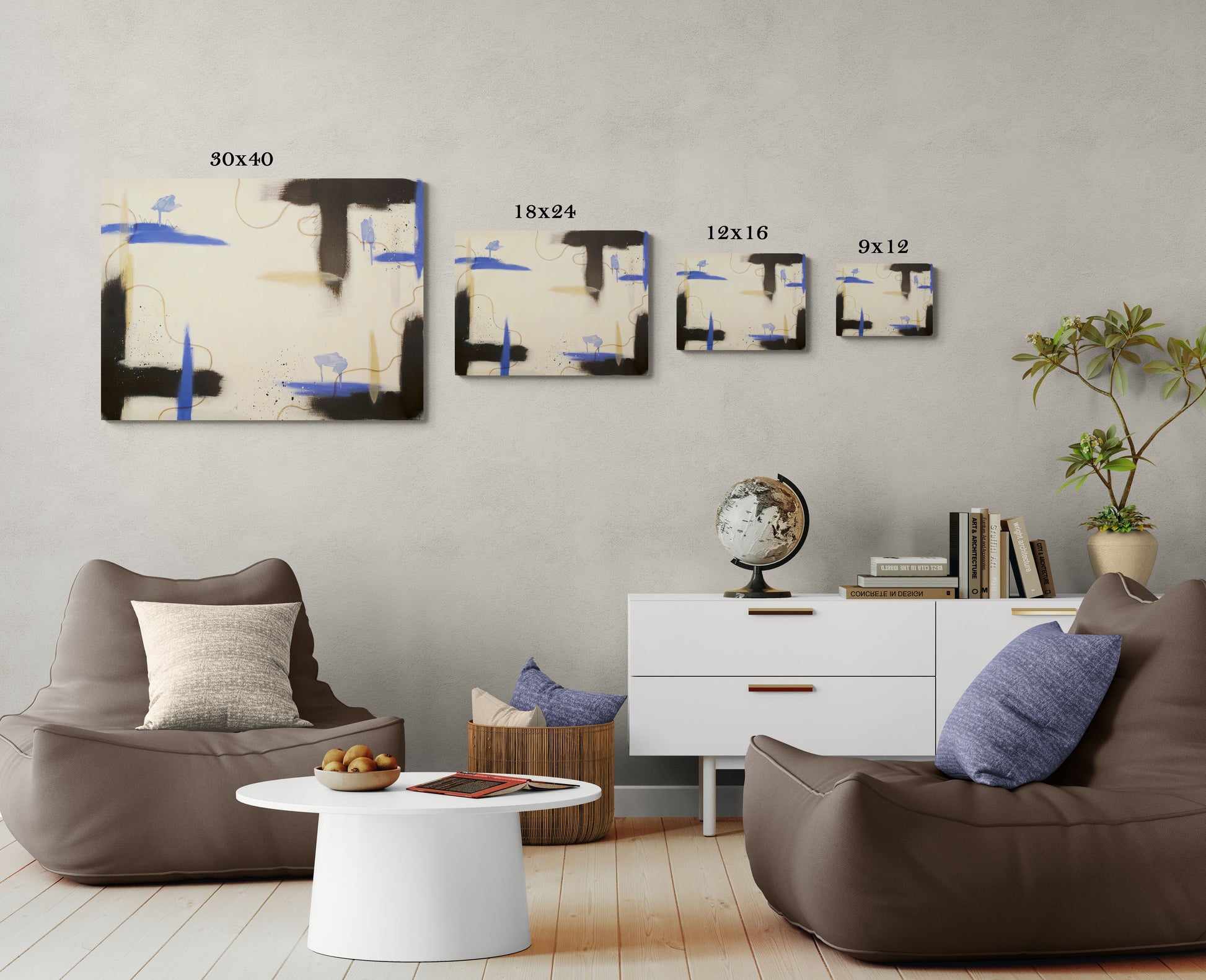 A size guide for the "Suspended Ground" abstract painting, showcasing four sizes—30x40, 18x24, 12x16, and 9x12—on a large gallery wall. Below the art is a modern living room setup with two low-profile brown lounge chairs, a white coffee table, and a white dresser with a globe and books.