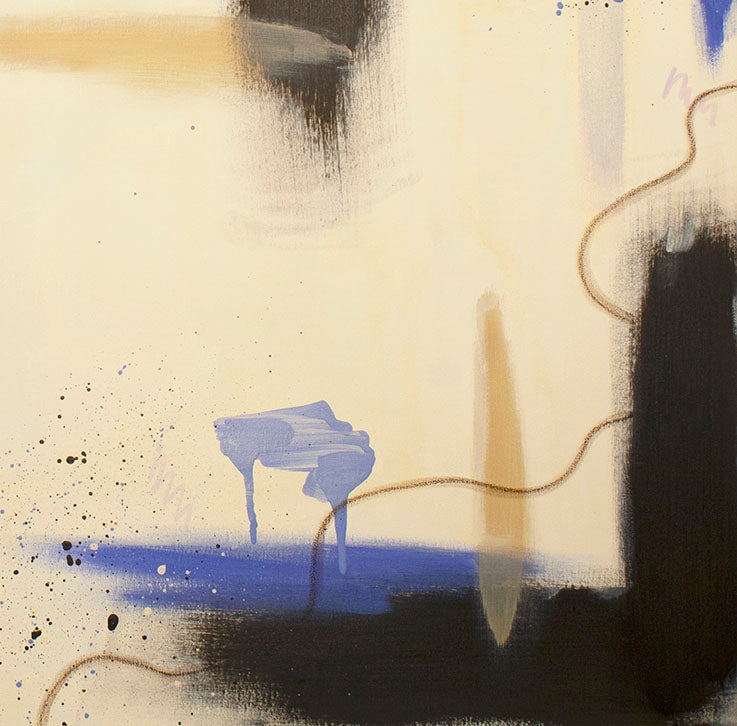 Close-up detail of "Suspended Ground" abstract painting, showing the rich texture of raw umber paint, expressive splatters, and fine, wandering pencil marks.