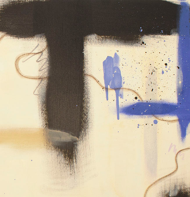 Artistic detail of gestural charcoal brushstrokes and layered mixed media textures in the "Suspended Ground" original painting by Abby May.