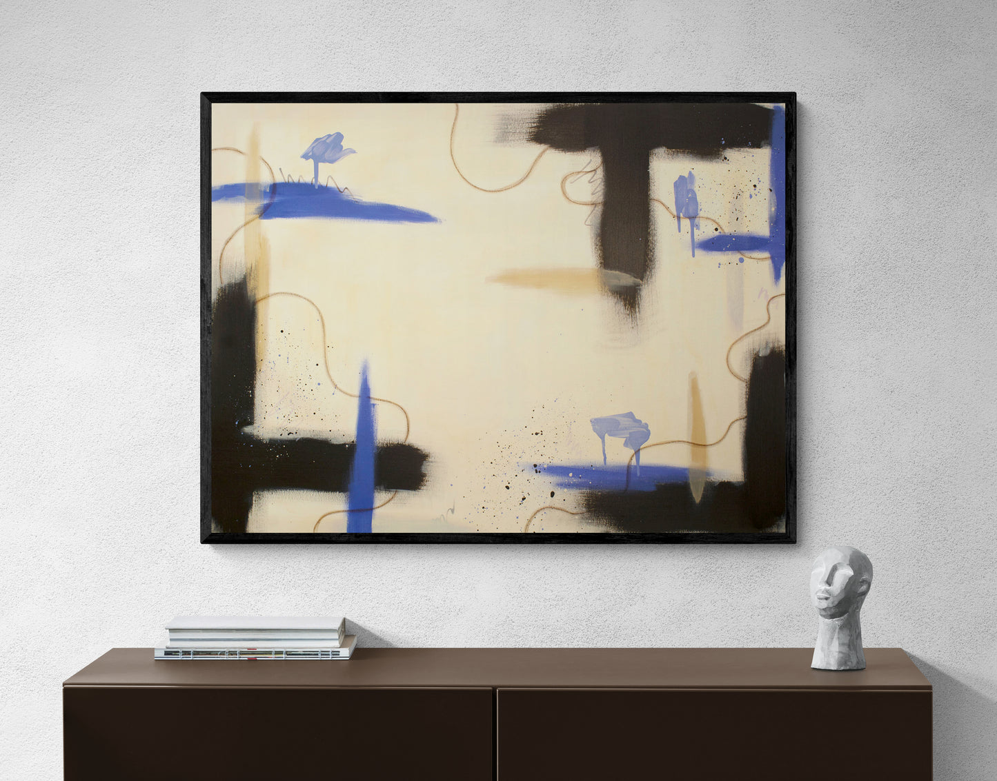 "Suspended Ground" abstract painting by Abby May styled above a wooden cabinet, highlighting the grounding charcoal elements and airy, expansive composition in a home setting.