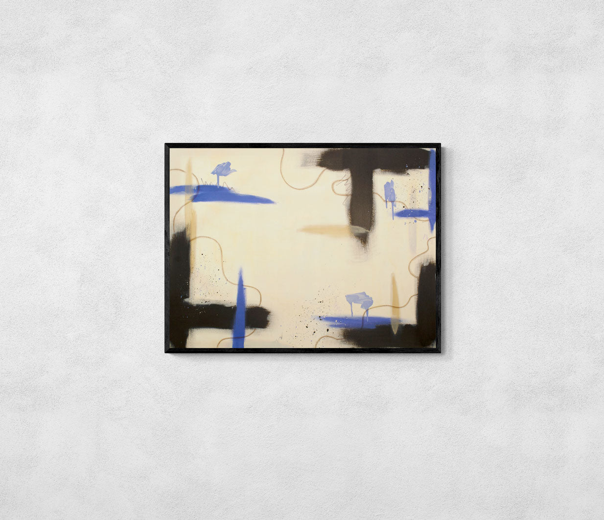 Modern interior design featuring "Suspended Ground" by Abby May, an original abstract painting with a sophisticated neutral color palette of cream, charcoal, and brown.