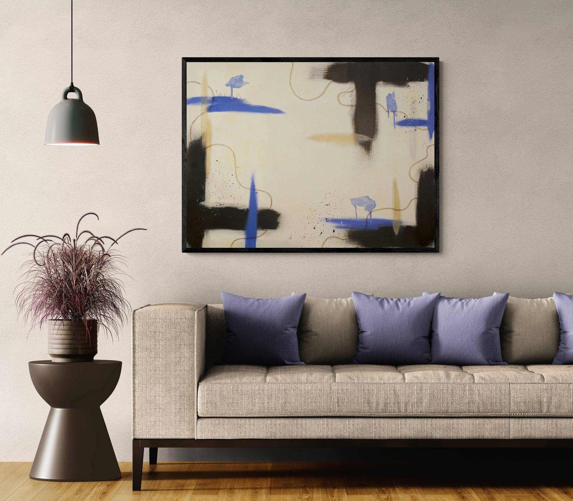 Large-scale abstract art "Suspended Ground" by Abby May hanging above a modern sofa in a living room, showing how the neutral palette complements contemporary home decor.