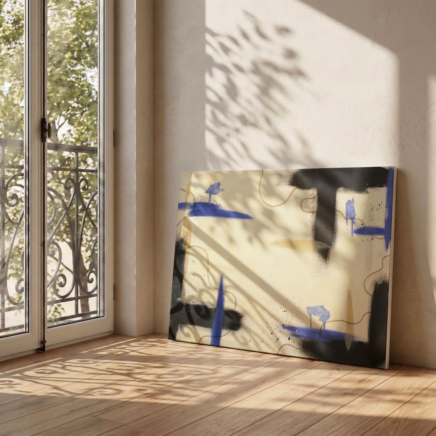 A large canvas print of the painting leaning against a slightly textured white wall, sitting on a light wooden floor. The canvas sits next to a large window on the left, casting the print in light and shadow.
